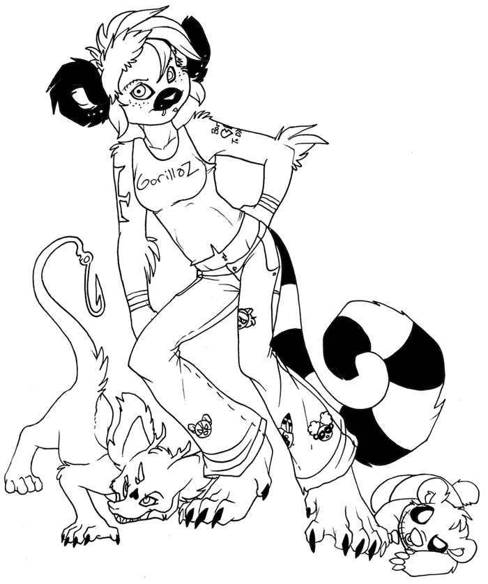 anthro black_and_white chival_(character) clothed dox female feral fish_hook hair holly_massey kaku lemur looking_at_viewer mohawk monochrome panda piercing plushie standing striped_tail tail trio zeriara_(character)