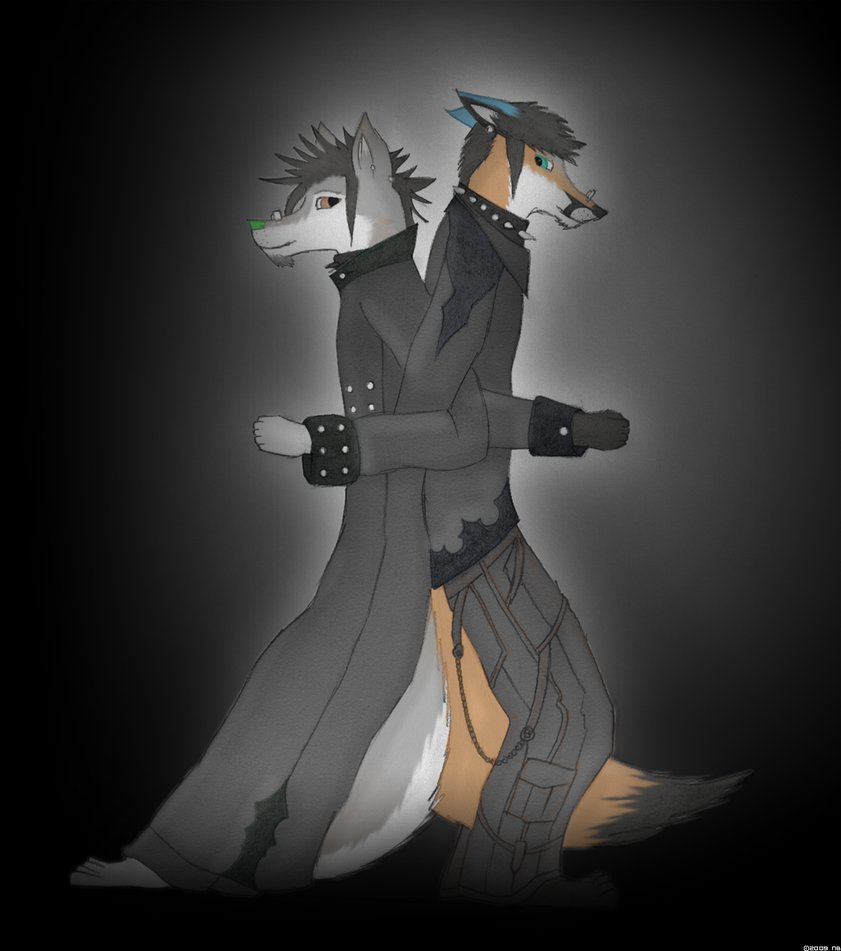 black black_clothing black_hair canine chain couple duo fox goth hair jacket male mammal standing unknown_artist wolf