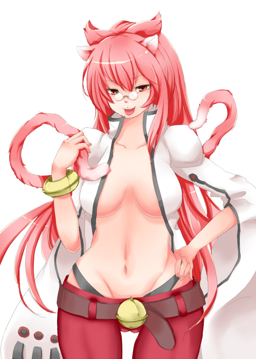 :p animal_ears arc_system_works bell belt black_panties blazblue bracelet breasts cat_ears cat_tail coat female glasses jewelry kokonoe labcoat long_hair midriff multiple_tails open_clothes open_coat orange_eyes panties pants pink_hair ponytail solo tail tongue tongue_out underwear white_background yamadarairai