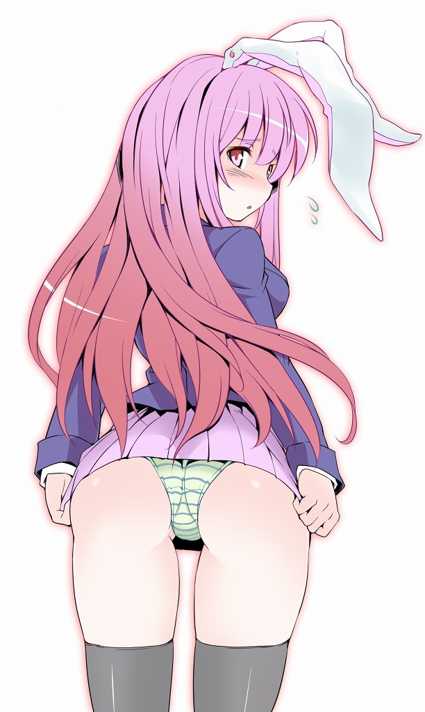 :o animal_ears ass bad_id bad_pixiv_id bangs black_legwear blazer blush breasts bunny_ears from_behind hips jacket long_hair looking_at_viewer looking_back medium_breasts miniskirt panties pink_eyes pink_hair pleated_skirt reisen_udongein_inaba shiny shiny_clothes shiny_skin shitirin simple_background skindentation skirt skirt_lift solo striped striped_panties thigh_gap thighhighs thighs touhou trefoil underwear white_background