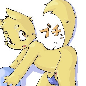 all_fours cat feline japanese_text male penis raised_tail solo tail unknown_artist yellow