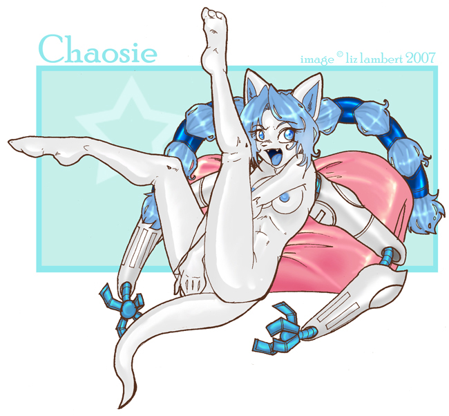 blue_eyes blue_hair breasts chaosie covering_self cyborg fangs feline female hair hyd legs_up long_blue_hair long_hair looking_at_viewer nipples nude open_mouth pillow reclining solo tail white
