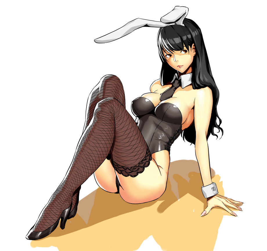 animal_ears bad_id bad_pixiv_id black_hair breasts bunny_ears bunny_girl bunnysuit cameltoe copyright_request covered_nipples delta_zone fishnet_legwear fishnets large_breasts long_hair necktie orange_eyes sitting solo thighhighs wrist_cuffs