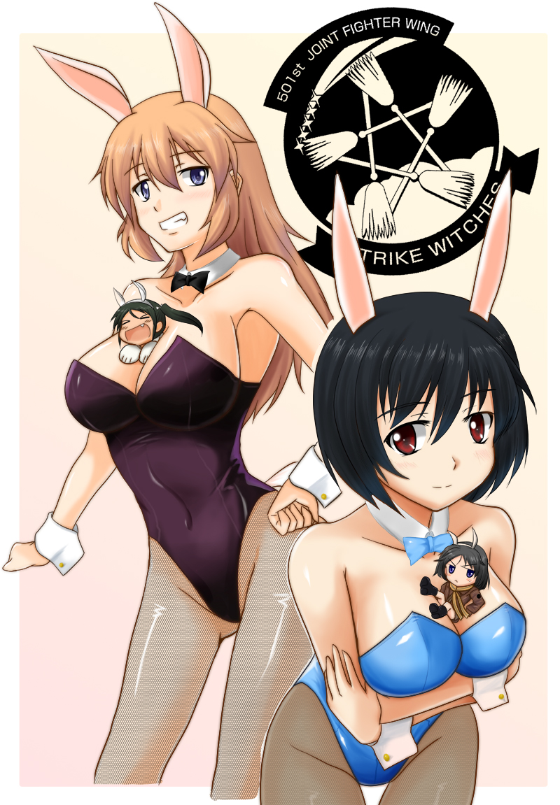 animal_ears between_breasts black_hair blue_eyes brave_witches breasts brown_hair bunny_ears bunnysuit charlotte_e_yeager chibi coat fishnet_pantyhose fishnets francesca_lucchini kanno_naoe kazukin long_hair minigirl multiple_girls pantyhose person_between_breasts red_eyes shimohara_sadako short_hair strike_witches thigh_gap world_witches_series