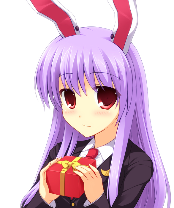 animal_ears ash_(pixiv) blazer bunny_ears crescent gift holding holding_gift jacket long_hair necktie purple_hair red_eyes red_neckwear reisen_udongein_inaba solo touhou upper_body very_long_hair