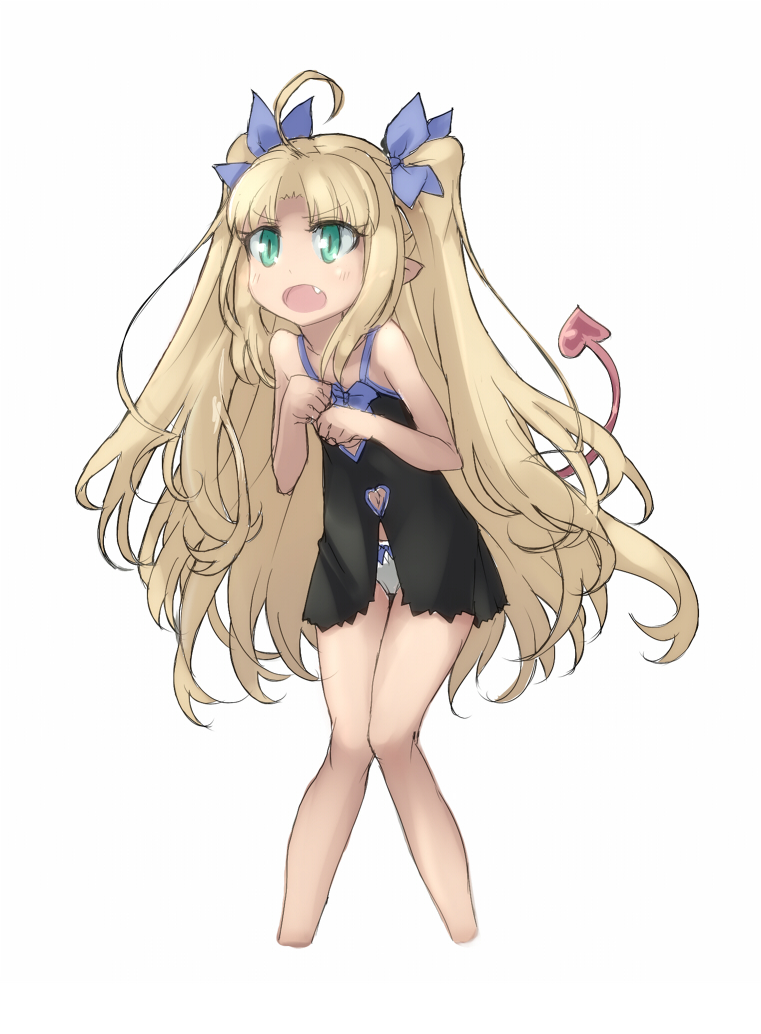 ahoge astarotte_ygvar astcd2 blonde_hair bow cropped_legs demon_tail fang green_eyes hair_bow knees_together_feet_apart knees_touching long_hair lotte_no_omocha! navel navel_cutout open_mouth panties pointy_ears slit_pupils solo tail twintails underwear very_long_hair
