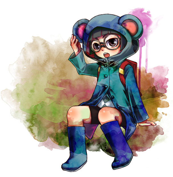 animal_ears backpack bag black_eyes black_hair boots darker_than_black glasses parcel_(darker_than_black) raincoat rubber_boots sio_(rough) solo