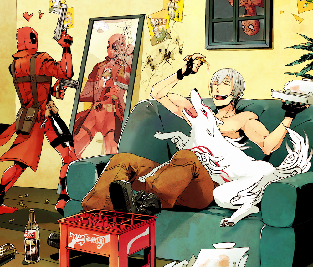 amaterasu animal beer_crate boots bottle brand_name_imitation bullet_hole capcom closed_eyes coat coca-cola crate crossover dante_(devil_may_cry) deadpool devil_may_cry eating ebony_&amp;_ivory food gun handgun heart long_coat male_focus marvel marvel_vs._capcom marvel_vs._capcom_3 md5_mismatch mirror multiple_boys ookami_(game) open_mouth pizza poster_(object) ryuu_(street_fighter) sen_nai shirtless smile spider-man spider-man_(series) street_fighter thor_(marvel) trench_coat upside-down weapon white_hair wolf x-23 x-men