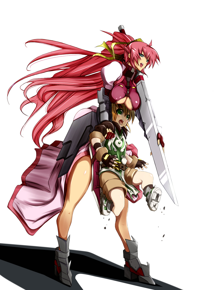 1girl alternate_weapon blonde_hair blue_eyes breast_rest breasts breasts_on_head commentary_request error green_eyes large_breasts levantine long_hair lyrical_nanoha mahou_shoujo_lyrical_nanoha mahou_shoujo_lyrical_nanoha_a's pink_hair ponytail signum weapon yuuichi_(eunoxline) yuuno_scrya
