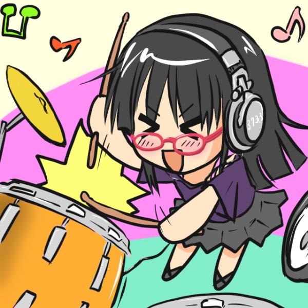 &gt;_&lt; :d beamed_eighth_notes black_hair character_request closed_eyes copyright_request drum drum_set drumsticks eighth_note glasses headphones hinata-bokko_(sanpo_fuumi) instrument musical_note open_mouth smile solo xd