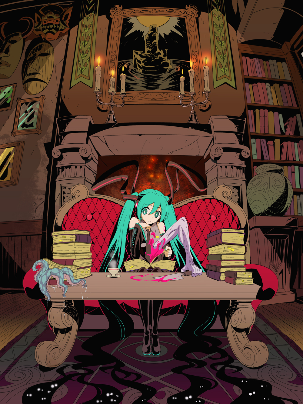 aqua_eyes aqua_hair blood book candle couch cthulhu_mythos cup detached_sleeves fireplace hatsune_miku highres indoors knife long_hair mask maxgonta necktie sitting solo tea tentacles the_picture_in_the_house twintails very_long_hair vocaloid