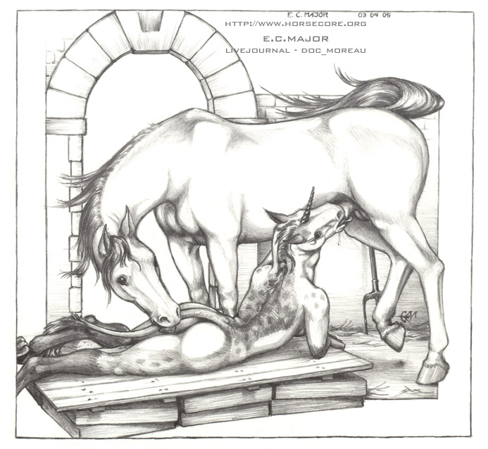 2005 animal anthro anthro_bestiality barn couple deep_throat ecmajor equine fellatio feral hooves horns horse horsecock interspecies male mane monochrome on_front oral oral_sex penis sex shaded tail_bite unicorn