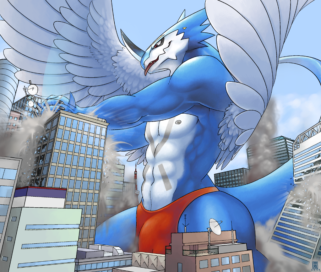 bulge claws digimon dragon erection exveemon face_markings fangs grin horns macro male markings muscles penis red_eyes reptile scalie skimpy solo standing tail thong tongue trancy_mick wings xbuimonsama