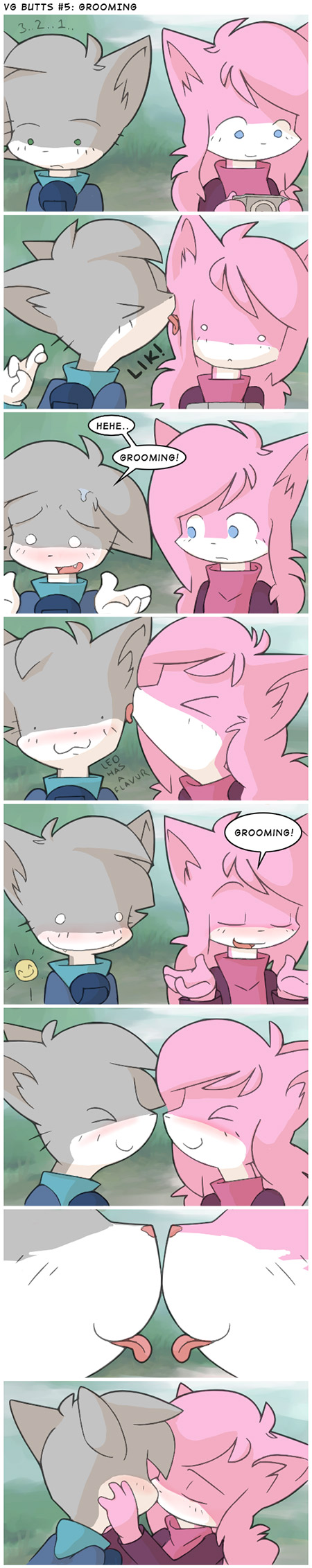 aeris_(vg_cats) bell cat comic console dialogue english_text feline female grey grooming kissing leo_(vg_cats) licking male orangebox outside pink psp straight tongue vgbutts vgcats video_games