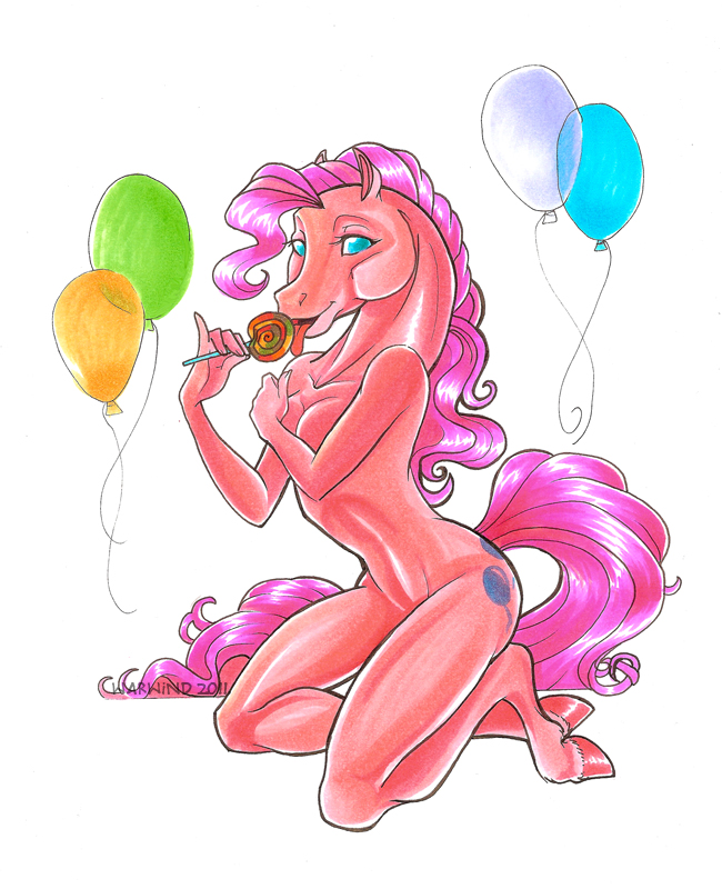 anthro anthrofied balloons blue_eyes breasts candy cleavage clothed clothing covering covering_breasts cutie_mark equine female friendship_is_magic fur hair hooves horse kneeling licking looking_at_viewer mammal my_little_pony nude pink pink_body pink_fur pink_hair pinkie_pie_(mlp) plain_background pony smile solo suggestive tongue warwind white_background