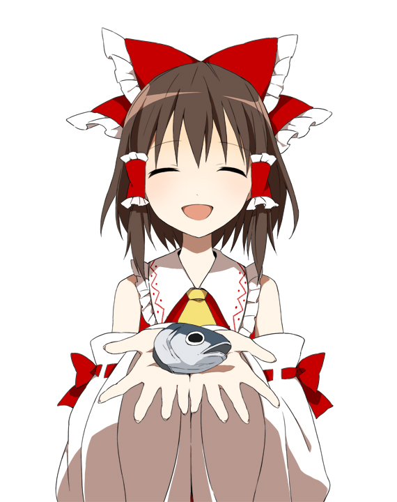 ascot bad_id bad_pixiv_id bow brown_hair closed_eyes commentary detached_sleeves fish hair_bow hair_tubes hakurei_reimu in_palm rin_(royal) severed_head simple_background smile solo touhou white_background