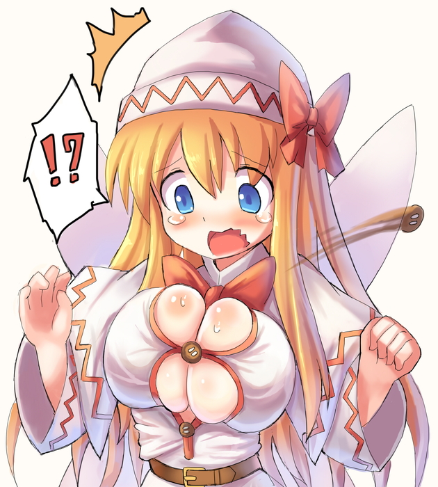 /\/\/\ 1girl belt blonde_hair blue_eyes blush bow breasts bursting_breasts buttons capelet cleavage flying_button hakkotsu_shitai hat hat_ribbon large_breasts lily_white long_hair open_mouth popped_button ribbon simple_background solo surprised tears touhou undersized_clothes upper_body wardrobe_malfunction wavy_mouth wings