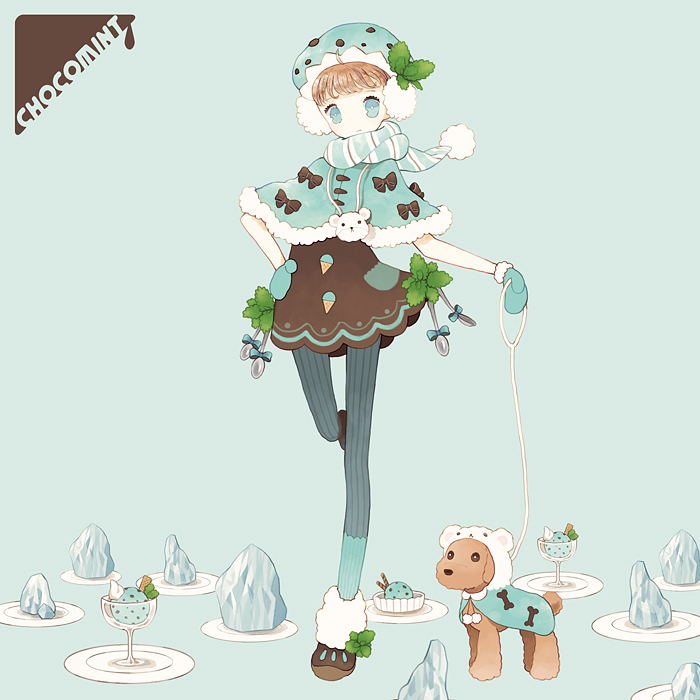 animal bad_id bad_pixiv_id blue_eyes bow brown_hair clothed_animal dog earmuffs food full_body hand_on_hip hat ice ice_cream leash mittens original plate pom_(soupy) scarf short_hair solo standing standing_on_one_leg striped striped_legwear winter_clothes