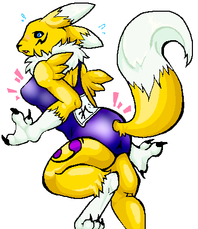 blue_eyes canine claws digimon face_markings female fox renamon solo standing swimsuit tail unknown_artist yellow