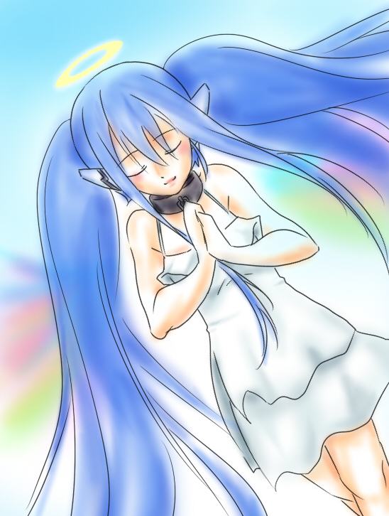 bad_id bad_pixiv_id blue_hair collar dress halo long_hair nymph_(sora_no_otoshimono) praying solo sora_no_otoshimono twintails very_long_hair