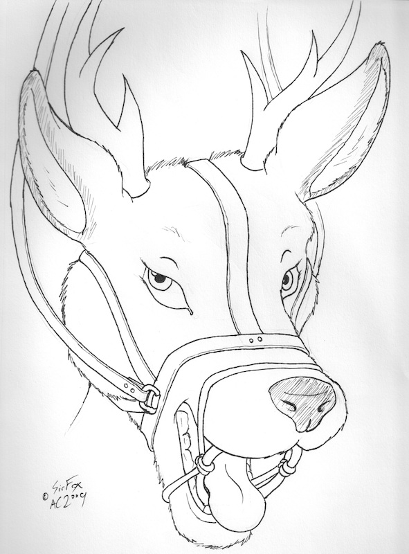 bdsm bondage bound bridle buck cervine deer gag horn horns male mammal plain_background ring_gag sirfox solo tongue white-tailed_deer white_background whitetail