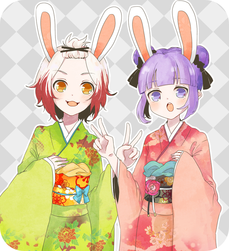 animal_ears argyle argyle_background brown_eyes bunny_ears double_bun forehead grey_background hair_ornament hairpin japanese_clothes kimono miyuco multicolored_hair multiple_girls open_mouth pascal purple_eyes purple_hair red_hair sophie_(tales) tales_of_(series) tales_of_graces two-tone_hair v white_hair