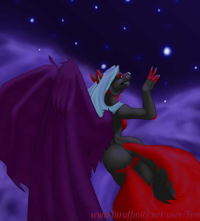 anthro flying night outside sky solo stars tail temrin temrin_(character) wings
