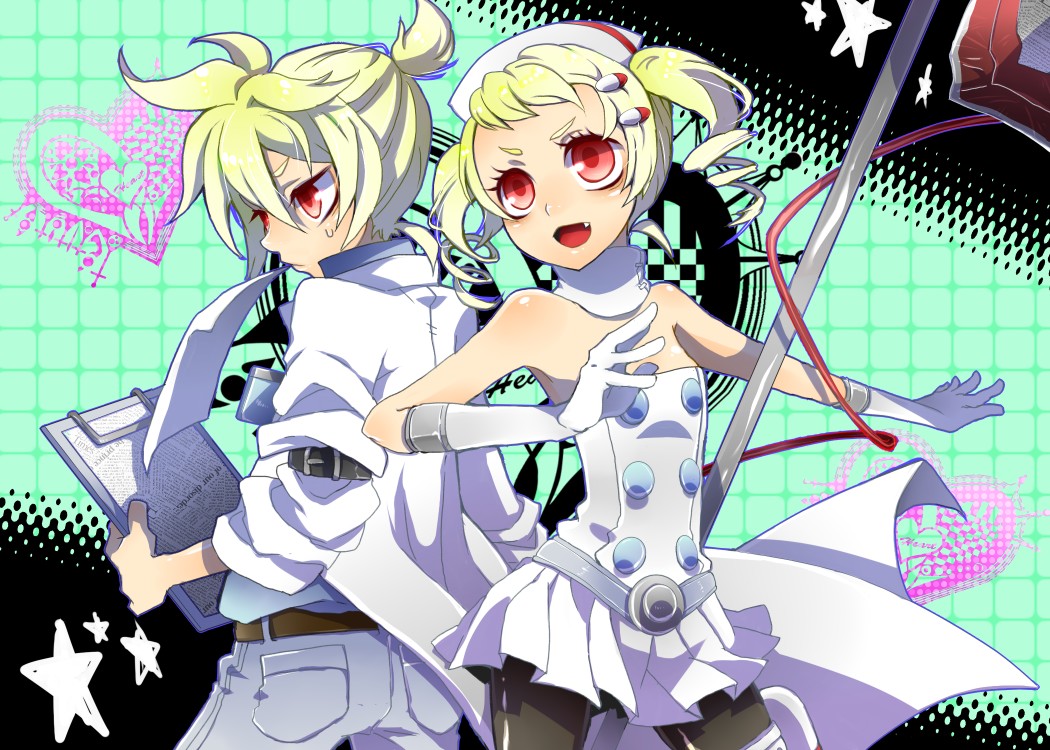 1girl black_legwear blonde_hair brother_and_sister fang gloves hat intravenous_drip kagamine_len kagamine_rin koiiro_byoutou_(vocaloid) nata nurse nurse_cap pantyhose project_diva_(series) project_diva_2nd red_eyes short_hair siblings smile thighhighs twins twintails vocaloid