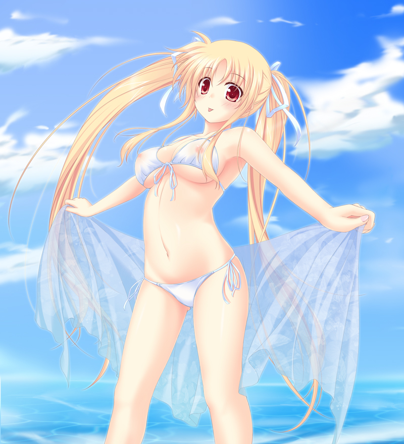 :p amicis bikini blonde_hair blue_sarong breasts check_translation cloud day fate_testarossa front-tie_top long_hair lyrical_nanoha mahou_shoujo_lyrical_nanoha_strikers medium_breasts nipples ocean print_sarong red_eyes sarong sarong_removed see-through side-tie_bikini sky solo swimsuit tongue tongue_out translation_request twintails underboob water