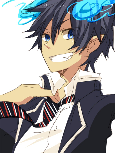 ao_no_exorcist bad_id bad_pixiv_id black_hair blue_eyes blue_fire fire formal grin male_focus necktie okumura_rin pointy_ears sai_ki smile solo striped striped_neckwear suit