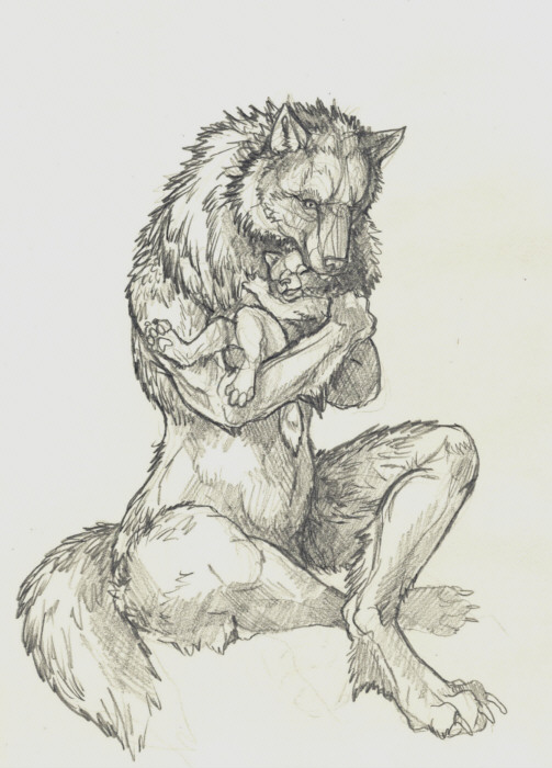 akeyla canine child couple cub female mother nude protective sketch wolf