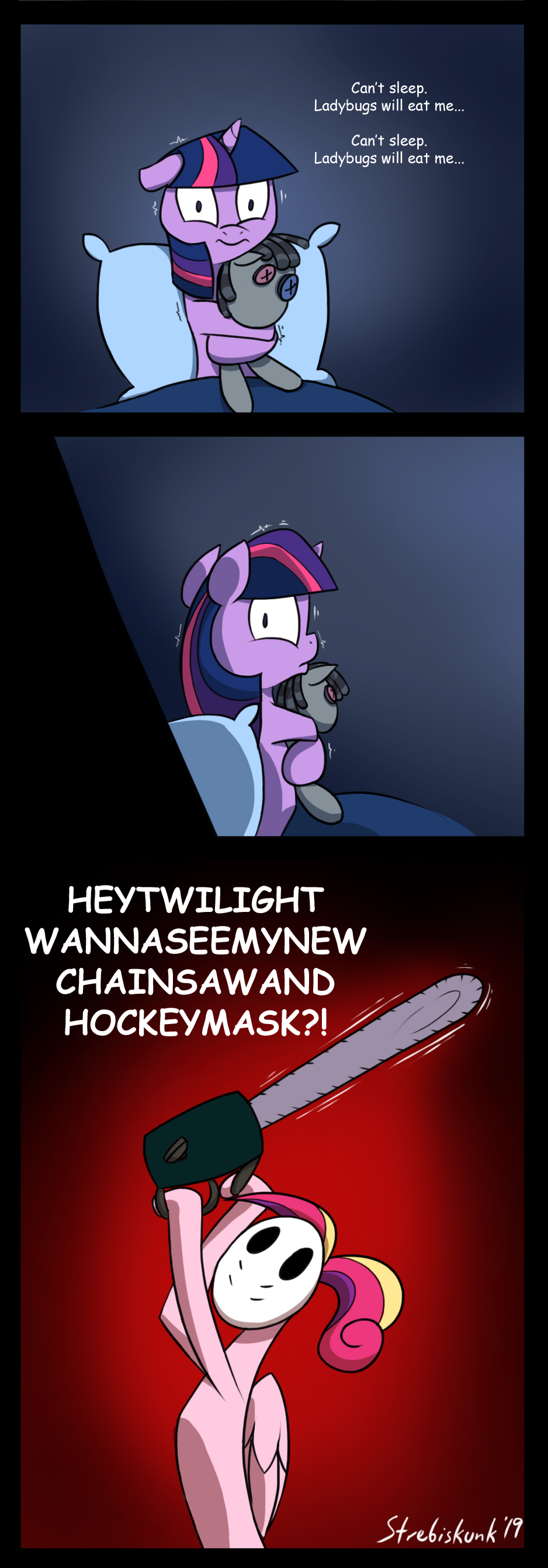 2019 absurd_res bed chainsaw comic dialogue english_text equid equine friendship_is_magic hi_res hockey_mask horn mammal model_sheet my_little_pony plushie princess_cadance_(mlp) pterippus sitting smartypants_(mlp) strebiskunk text the_simpsons tools twilight_sparkle_(mlp) unicorn