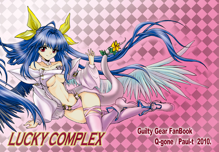 2010 alternate_color argyle argyle_background asymmetrical_wings bare_shoulders blue_hair bow breasts center_opening choker copyright_name dizzy flower full_body guilty_gear hair_ribbon long_hair lying medium_breasts midriff navel paul_t pink_background player_2 red_eyes ribbon shoes sidelocks smile solo tail thighhighs twintails underboob white_legwear wings yellow_bow