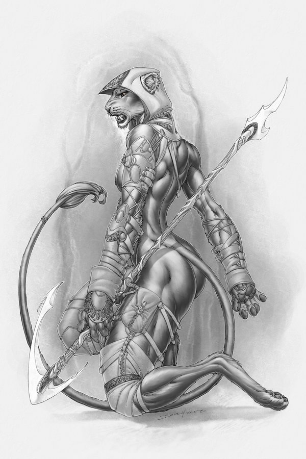 black_and_white brett_booth feline female hunter lion monochrome piercing solo unconvincing_armour weapon
