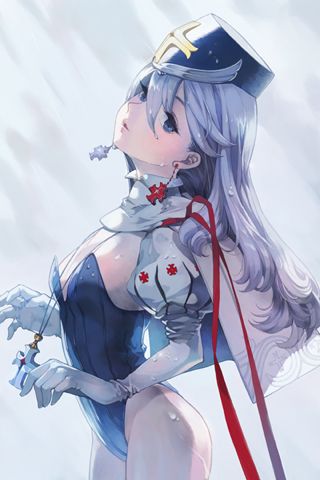 blue_eyes blue_hair capelet cross earrings elbow_gloves flat_chest gloves hat jewelry leotard lips long_hair looking_at_viewer lowres necklace ribbon riqurr scarf silver_hair simple_background solo sword_girls wet white_hair