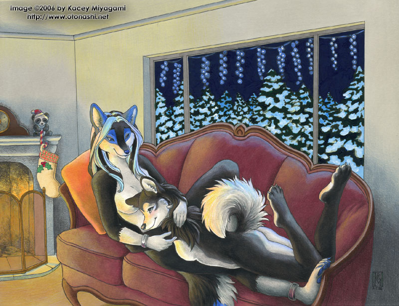 akyn anklet black black_hair blue_hair blush bracelet breasts butt canine claws couple dog female fireplace hair hindpaw holding jewelry kacey kayeer lesbian long_black_hair long_hair long_white_hair love malamute nakomis nude nyghtwulf on_front reclining romantic sofa tail white white_hair winter