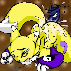 all_fours canine digimon dildo drool elbow_gloves face_markings female fox from_behind markings masturbation pussy_juice renamon saliva sex_toy solo tail tongue unknown_artist yellow