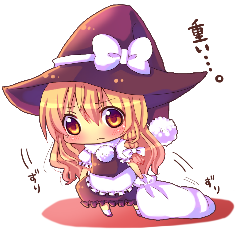 bag blonde_hair chibi chocolat_(momoiro_piano) christmas hat kirisame_marisa long_hair simple_background solo touhou translated witch_hat yellow_eyes