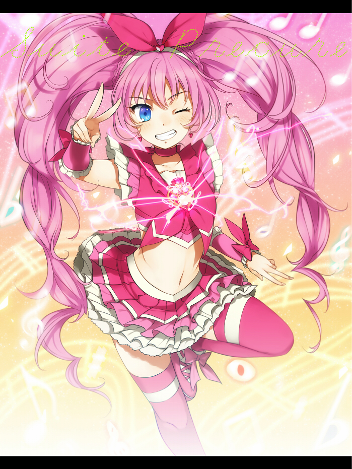 bad_id bad_pixiv_id blue_eyes bow braid brooch choker copyright_name cure_melody curly_hair earrings eyelashes frilled_skirt frills grin hair_ribbon hairband heart houjou_hibiki jewelry kippu letterboxed long_hair magical_girl midriff musical_note navel one_eye_closed pink_bow pink_choker pink_hair pink_legwear pleated_skirt precure ribbon shoes skirt skirt_set smile solo suite_precure thighhighs twintails v very_long_hair wrist_cuffs zettai_ryouiki