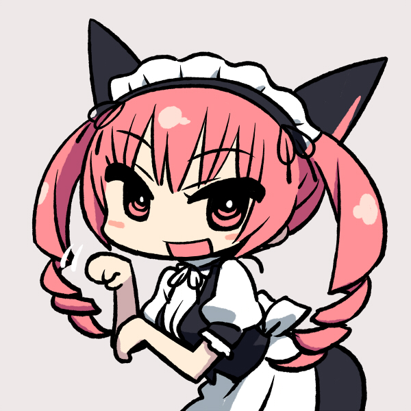 akiha_rumiho animal_ears blush_stickers bow cat_ears chan_co chibi drill_hair long_hair maid maid_headdress open_mouth paw_pose pink_eyes pink_hair smile solo steins;gate twin_drills twintails