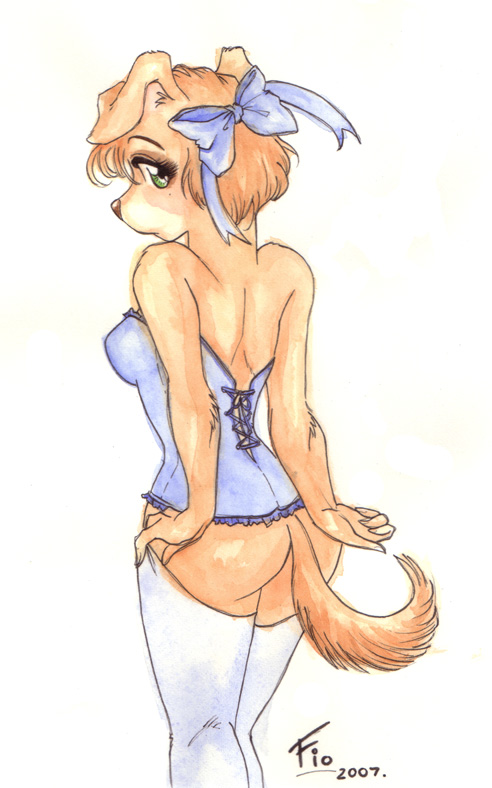 back bottomless bow butt canine corset cute dog female fio floppy_ears solo stockings