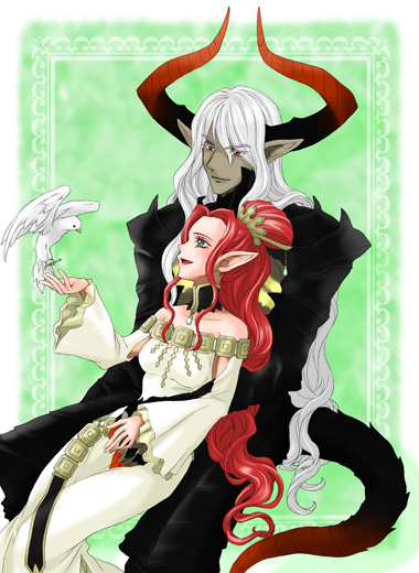1girl armor asura_(tales) bare_shoulders bird black_armor choker couple dark_skin detached_sleeves dove dress green_background green_eyes hair_ornament hairpin hetero horns inanna_(tales) jewelry long_hair red_eyes red_hair rukanyo sitting smile spikes tail tales_of_(series) tales_of_innocence very_long_hair white_dress white_hair