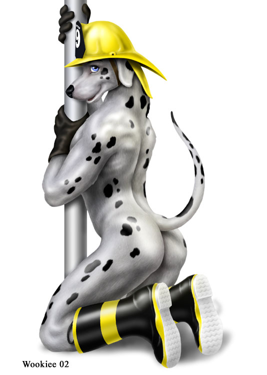 blue_eyes boots butt canine dalmatian dog firefighter firefighter_helmet gloves helmet looking_at_viewer male nude pole raised_tail solo tail wookiee