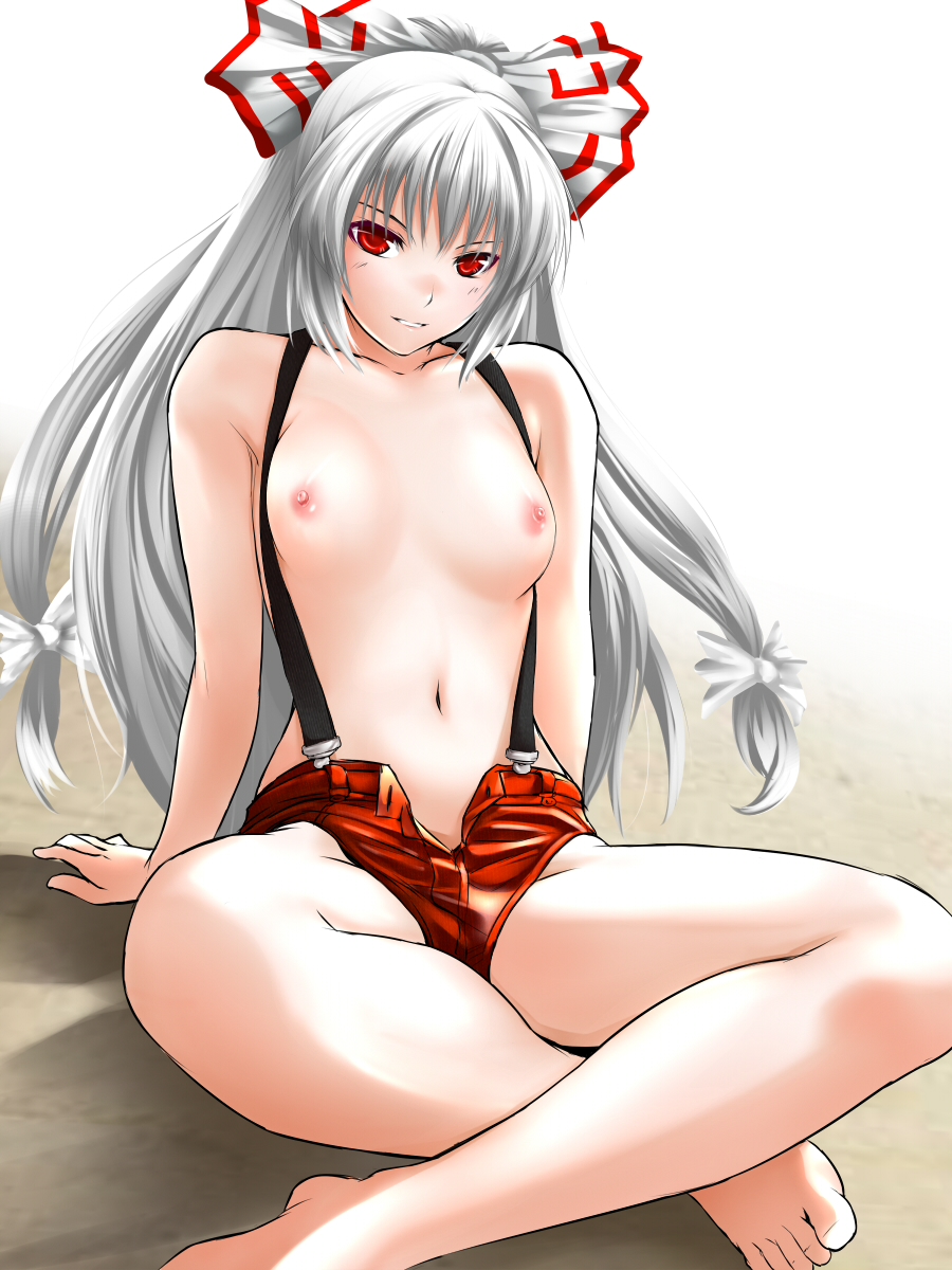 barefoot borrowed_design bow breasts face feet fujiwara_no_mokou hair_bow hair_ribbon highres indian_style k2isu long_hair naked_suspenders navel nipples open_fly red_eyes ribbon shorts silver_hair sitting small_breasts solo suspenders topless touhou unzipped