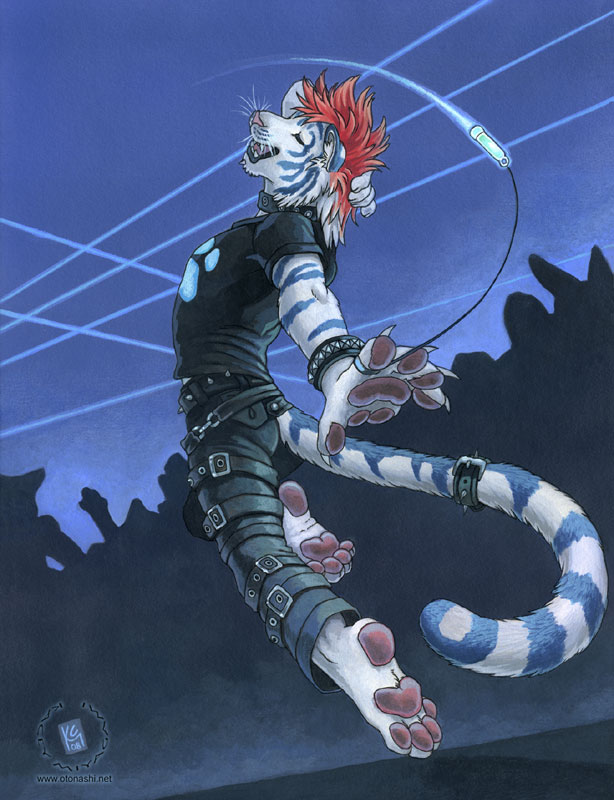 collar dancing feline glowstick glowstring kacey lol male punk rave raver red_hair solo spikes strappy_pants tail_cuff tiger