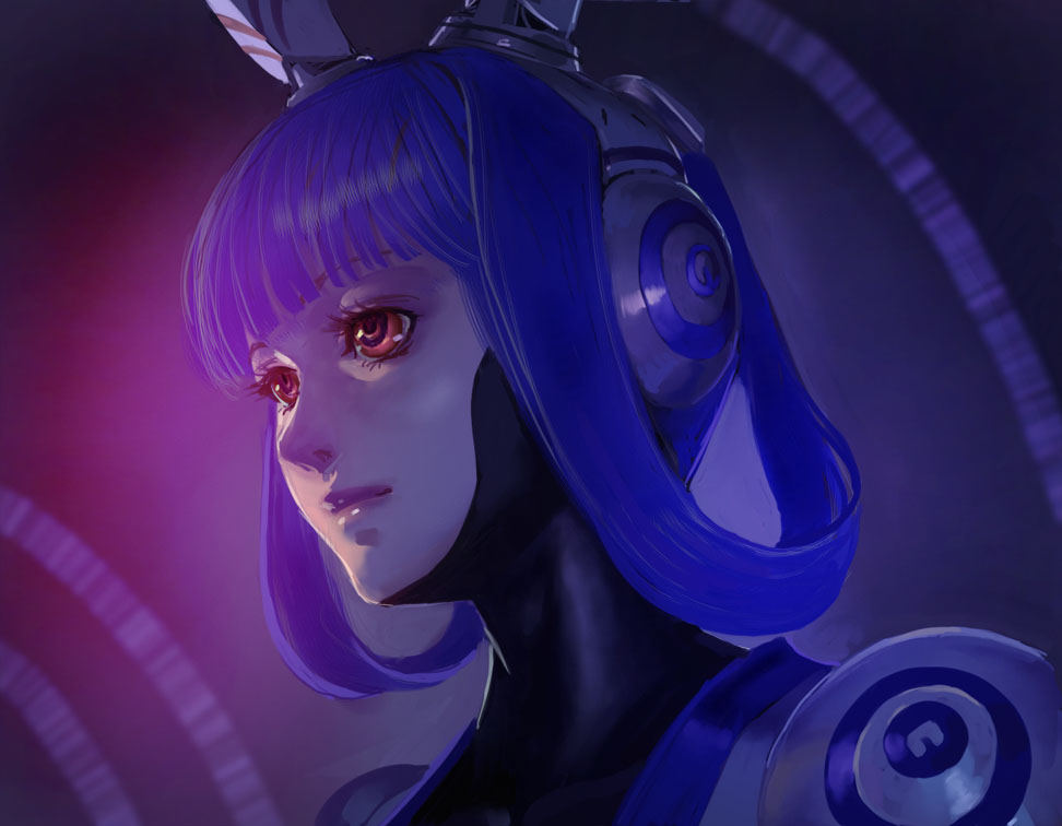 android bangs blue_hair blunt_bangs dark expressionless face from_below fujiwara_hisashi hair_rings lips multicolored multicolored_eyes phantasy_star phantasy_star_portable phantasy_star_universe portrait realistic red_eyes robot_ears science_fiction solo spiral vivienne_(phantasy_star)