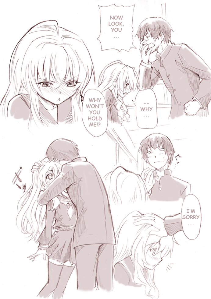 aisaka_taiga blush comic hug marumi monochrome petting school_uniform sketch takasu_ryuuji toradora! translated