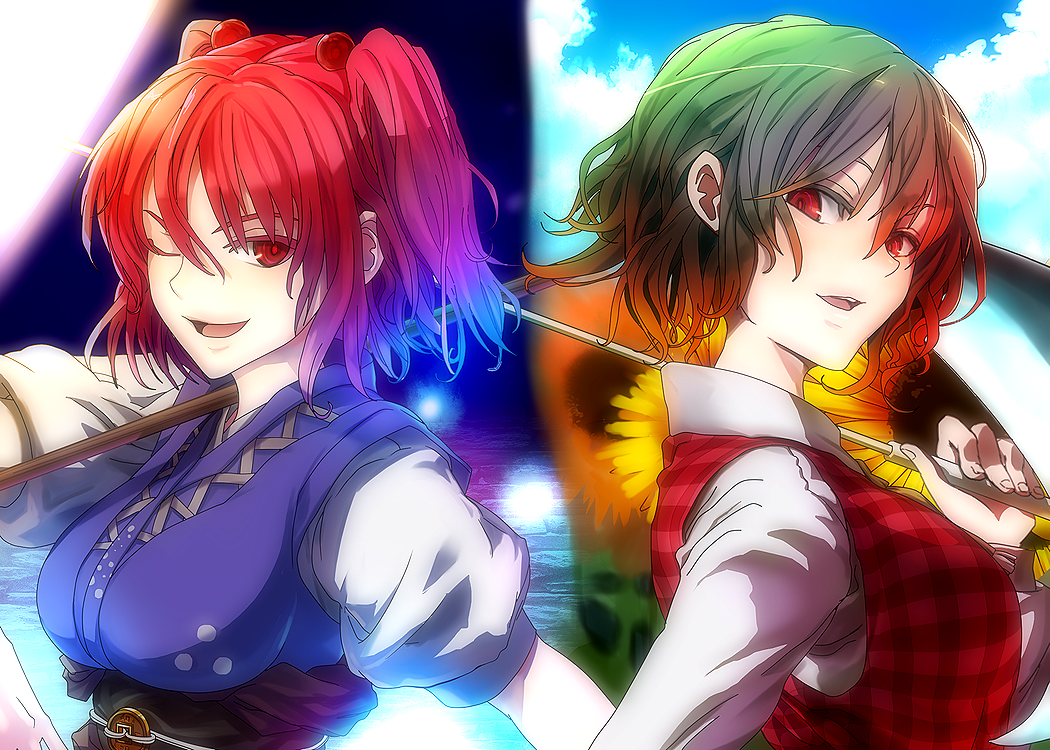 ascot bad_id bad_pixiv_id breasts chirigami-san colored_eyelashes eyelashes flower green_hair hair_bobbles hair_ornament hands kazami_yuuka large_breasts looking_at_viewer looking_back multiple_girls one_eye_closed onozuka_komachi open_mouth plaid plaid_vest red_eyes red_hair scythe short_hair smile sunflower touhou two_side_up umbrella vest