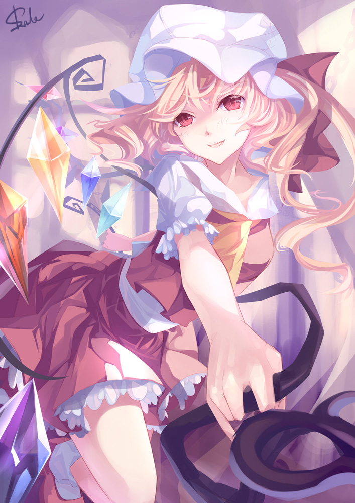 ascot blonde_hair flandre_scarlet hat laevatein pale_color red_eyes short_hair side_ponytail skade solo touhou wings