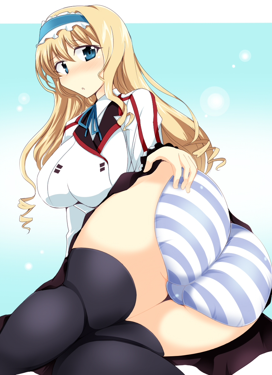 ass bad_anatomy bad_id bad_pixiv_id cecilia_alcott highres infinite_stratos panties solo striped striped_panties thighhighs underwear wedge